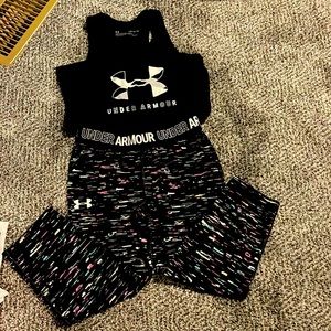 Under Armour Girls size small top, medium capri leggings